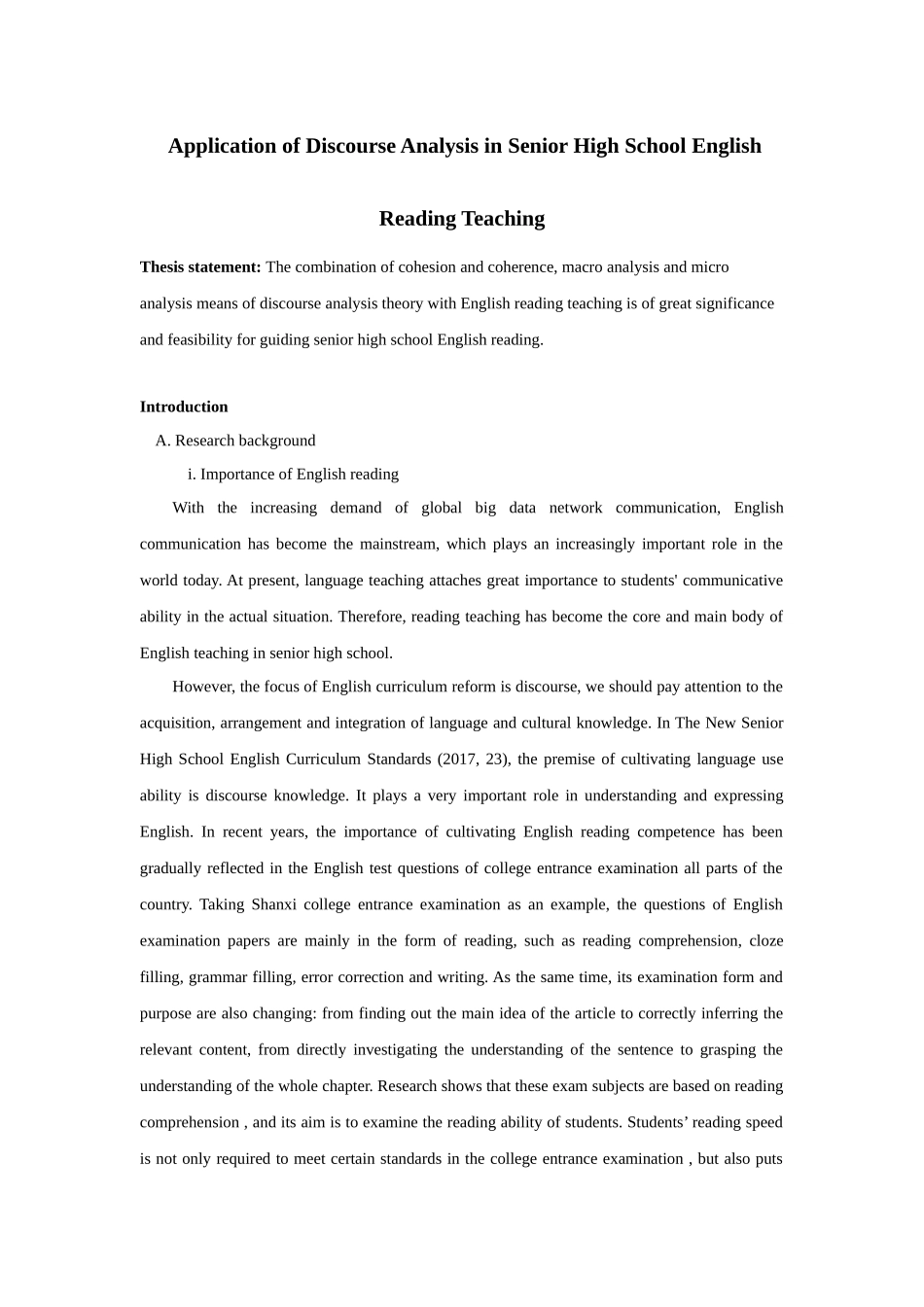 英语论文ApplicationofDiscourseAnalysisinSeniorHighSchoolEnglishReadingTeaching论文设计_第1页