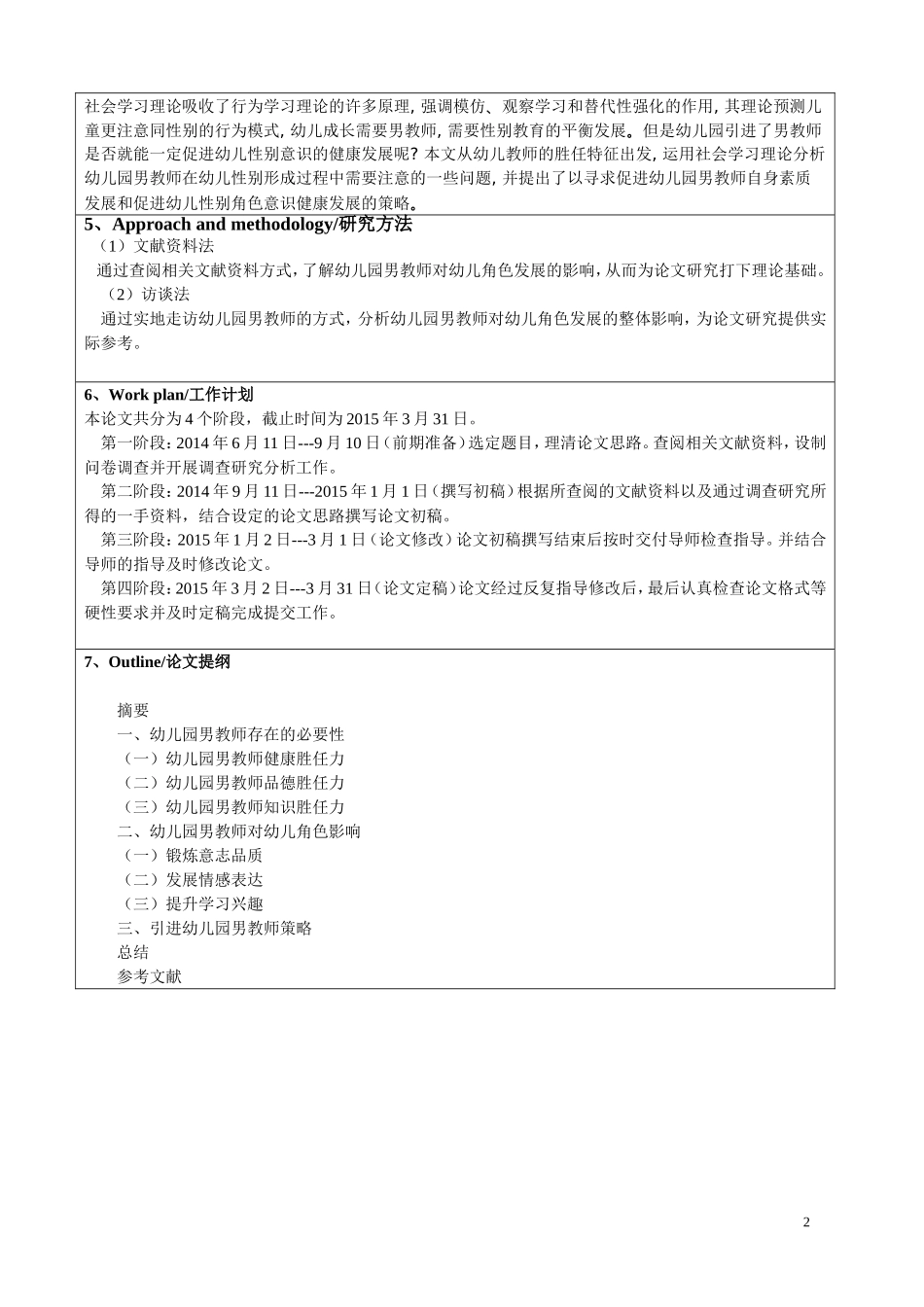 幼儿园男教师对幼儿角色发展的影响 开题报告 学前教育专业_第2页