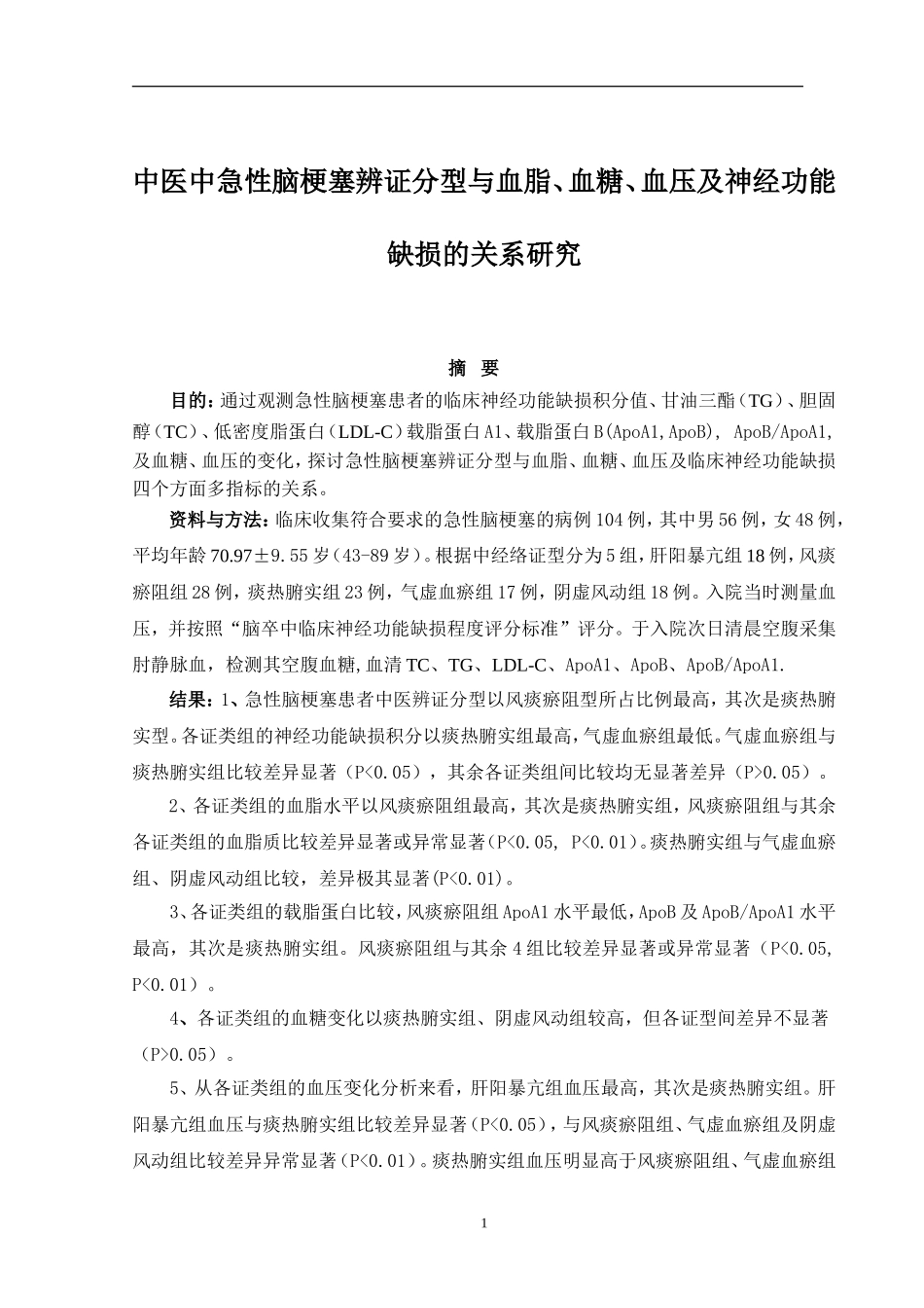 中医中急性脑梗塞辨证分型与血脂、血糖、血压及神经功能缺损的关系研究  中西医专业_第1页