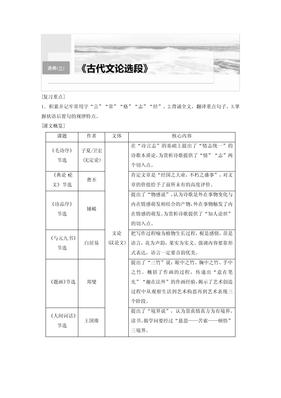 2024届高考一轮复习语文学案(新高考人教版)选修(三)单篇梳理基础积累课_第1页