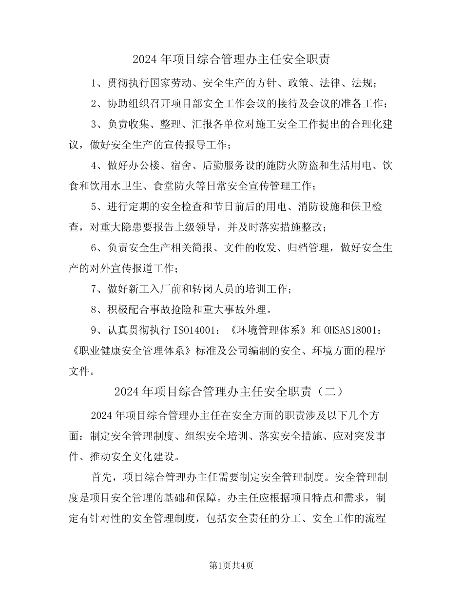 2024年项目综合管理办主任安全职责(三篇) _第1页