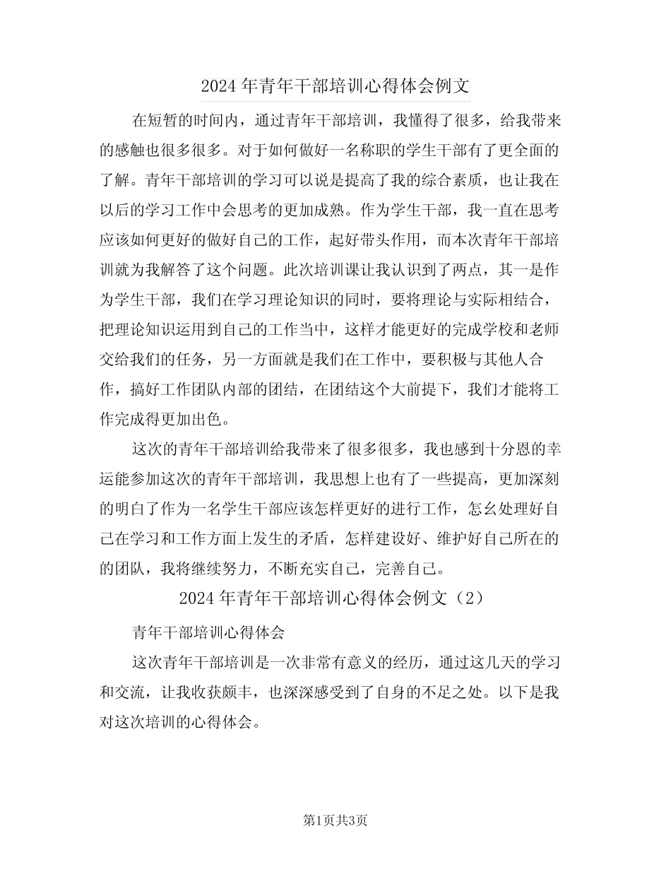 2024年青年干部培训心得体会例文(2) _第1页