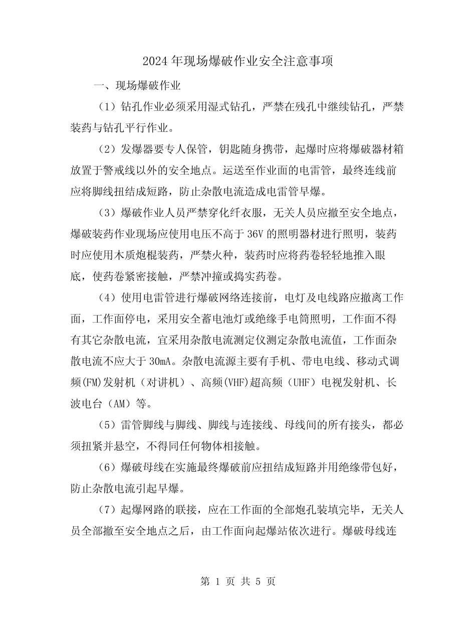 2024年现场爆破作业安全注意事项(2篇) _第1页