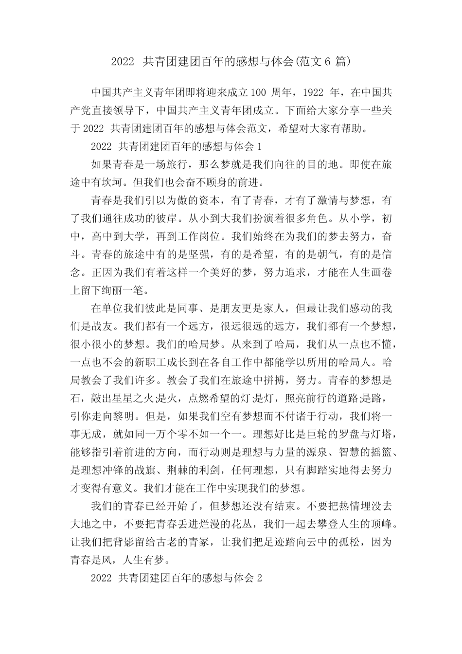 2022共青团建团百年的感想与体会(范文6篇) _第1页