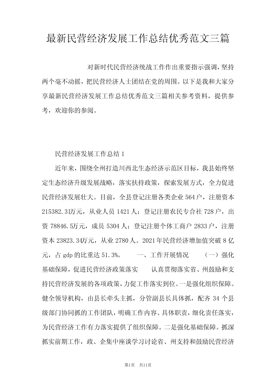 最新民营经济发展工作总结优秀范文三篇_第1页