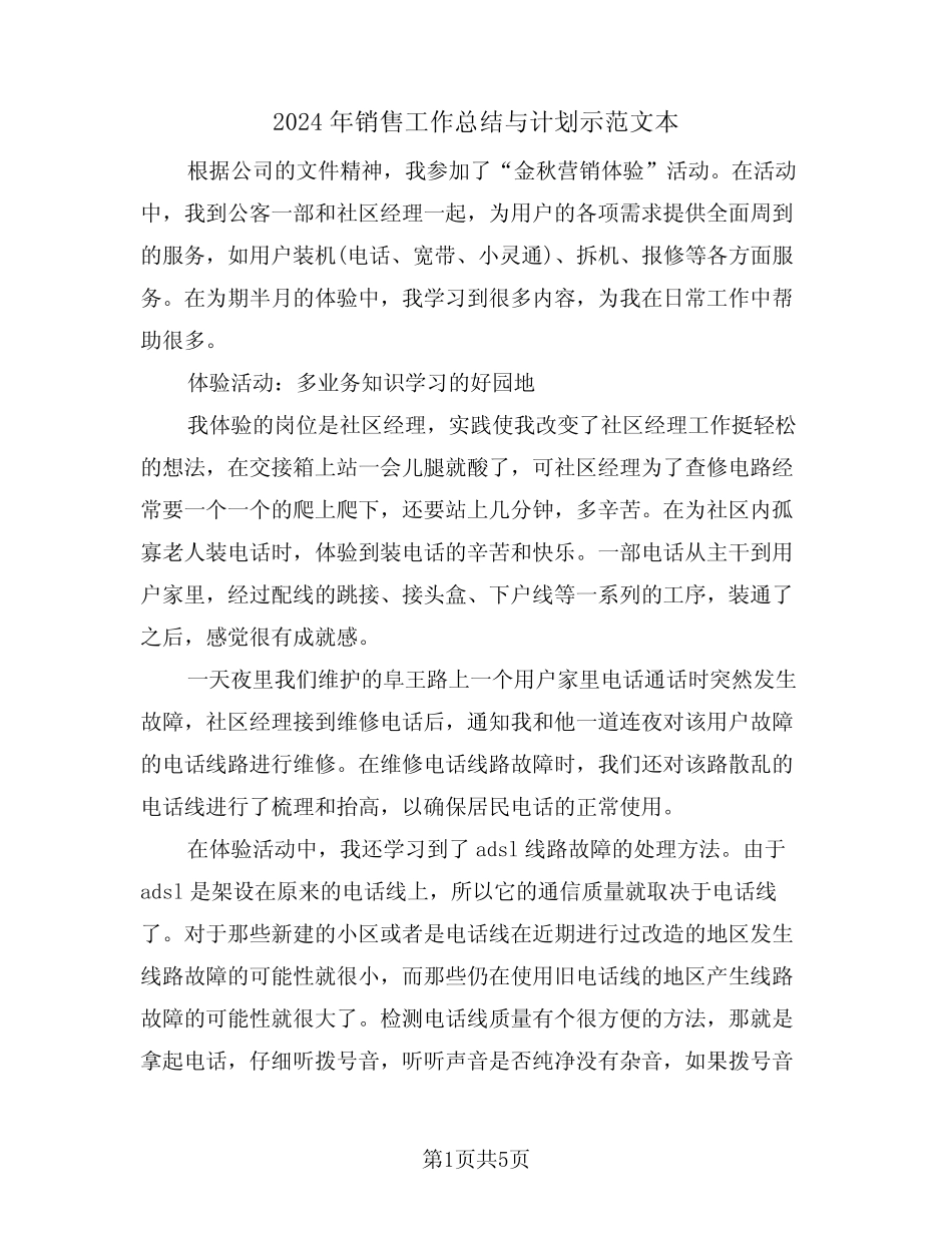 2024年销售工作总结与计划示范文本(2篇) _第1页