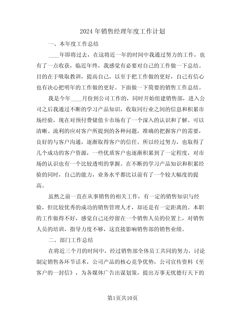 2024年销售经理年度工作计划(二篇) _第1页