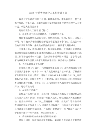 2022年销售经理个人工作计划8篇 