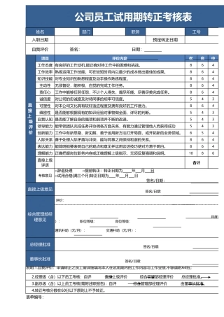 公司员工试用期转正考核表