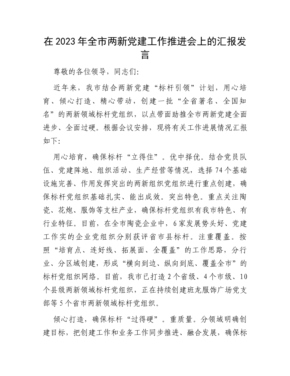 在2023年全市两新党建工作推进会上的汇报发言_第1页