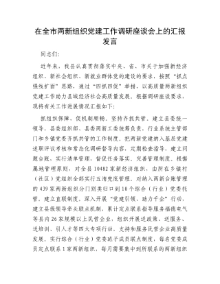 在全市两新组织党建工作调研座谈会上的汇报发言