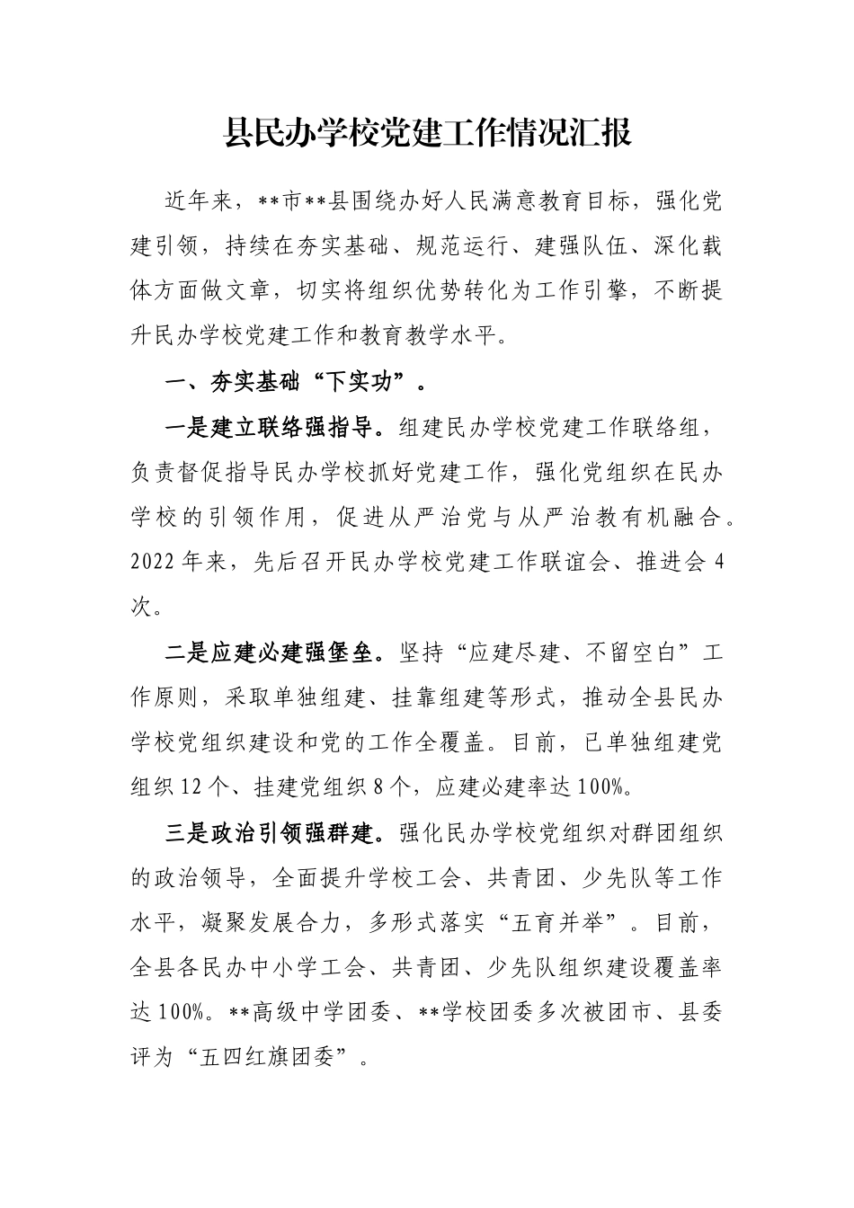 县民办学校党建工作情况汇报_第1页