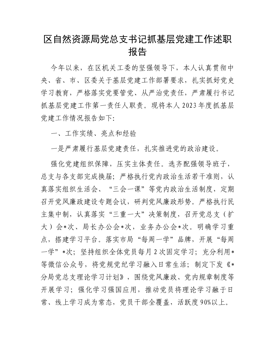 区自然资源局党总支书记抓基层党建工作述职报告_第1页