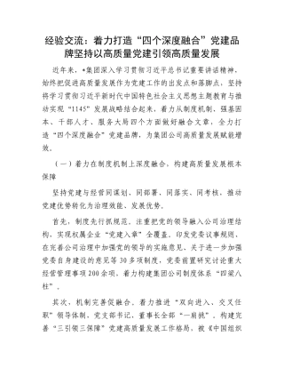 经验交流：着力打造“四个深度融合”党建品牌坚持以高质量党建引领高质量发展