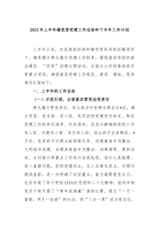2023年上半年镇党委党建工作总结和下半年工作计划
