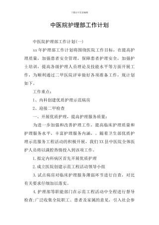 中医院护理部工作计划