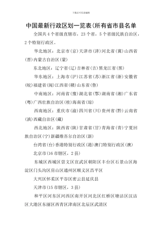 中国最新行政区划一览表(所有省市县名单