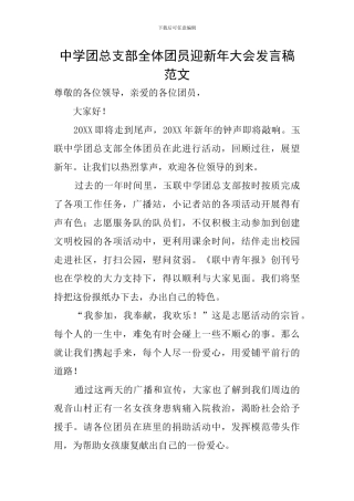 中学团总支部全体团员迎新年大会发言稿范文
