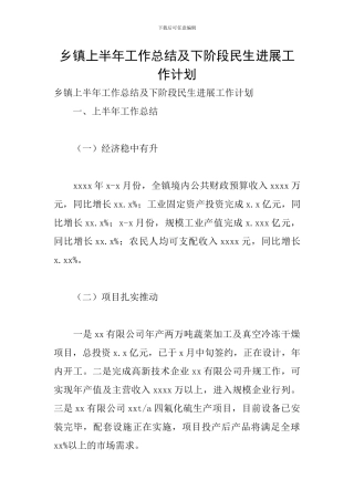 乡镇上半年工作总结及下阶段民生发展工作计划