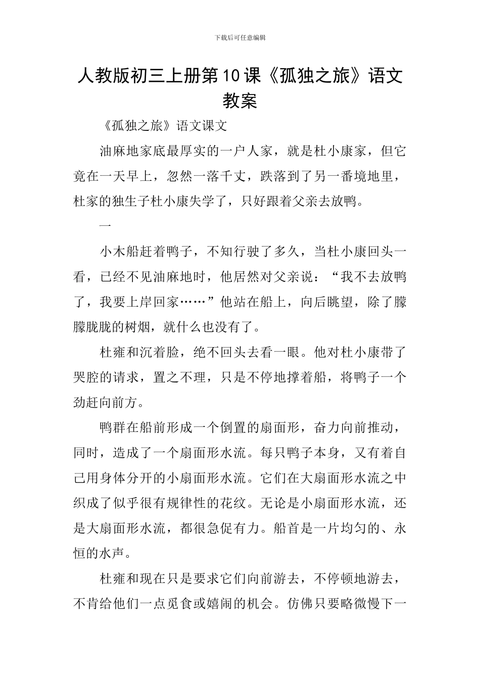 人教版初三上册第10课《孤独之旅》语文教案_第1页