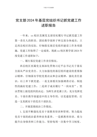 党支部2024年基层党组织书记抓党建工作述职报告