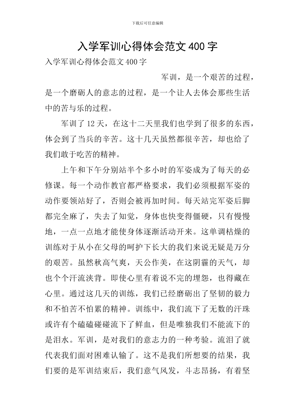 入学军训心得体会范文400字_第1页