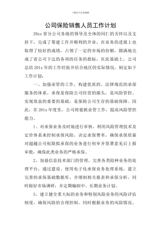 公司保险销售人员工作计划