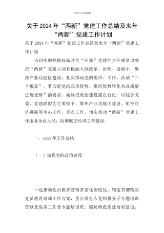 关于2024年“两新”党建工作总结及来年“两新”党建工作计划