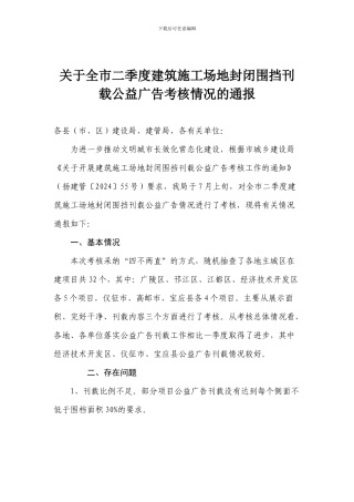 关于全市二季度建筑工地封闭围挡刊载公益广告考核情况的通报