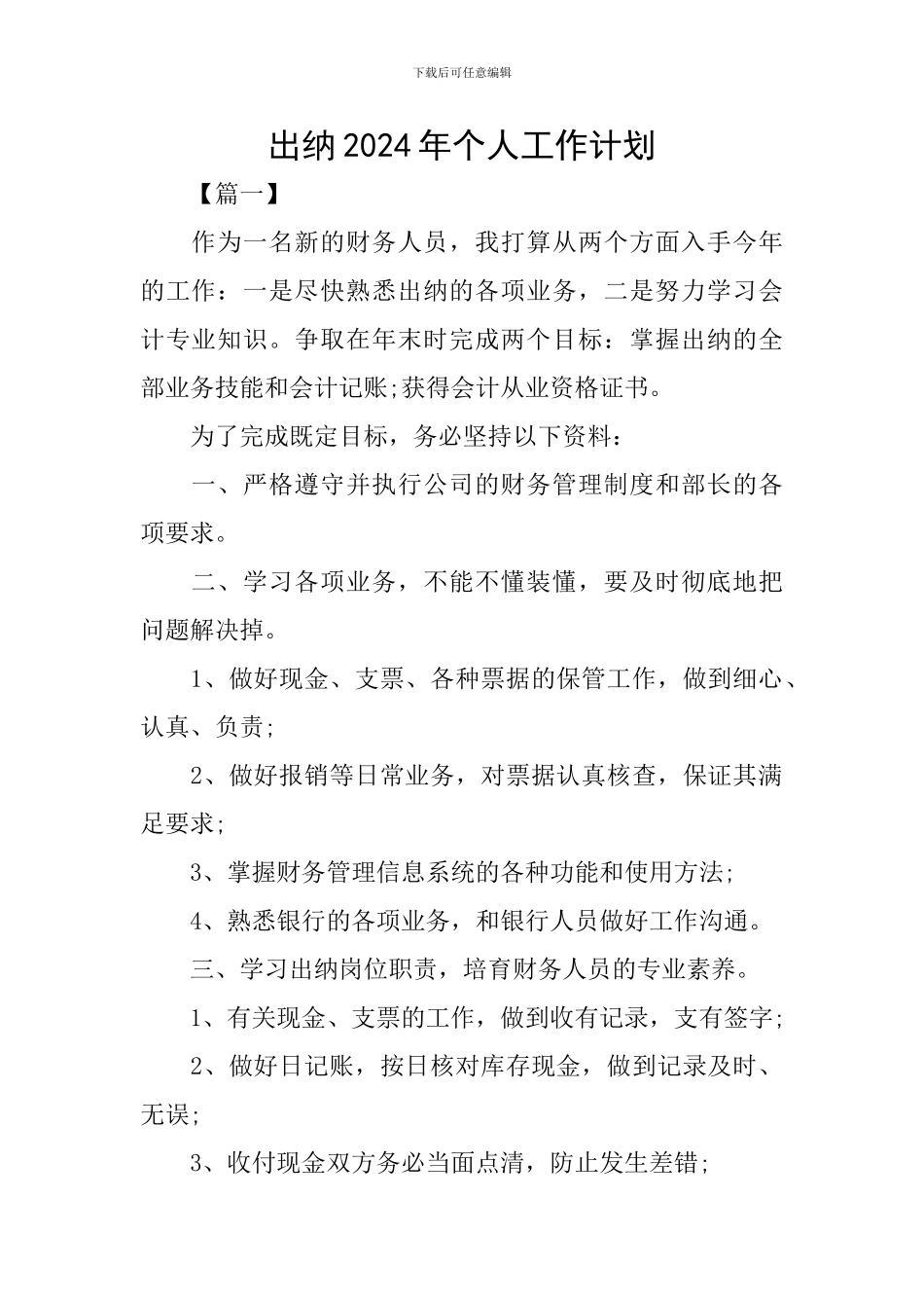 出纳2024年个人工作计划_第1页