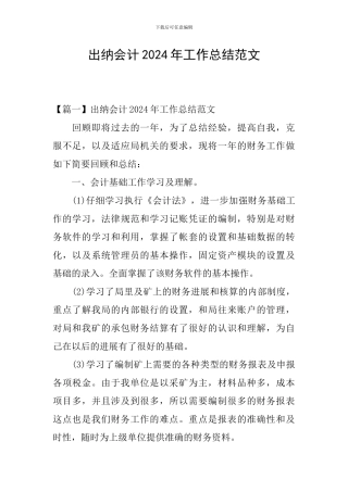 出纳会计2024年工作总结范文