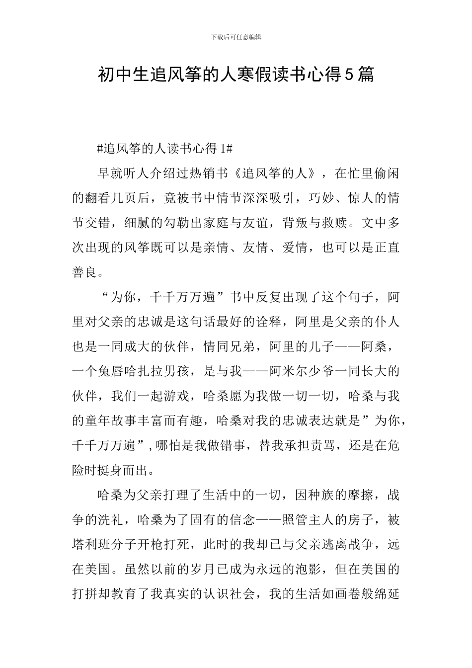 初中生追风筝的人寒假读书心得5篇_第1页