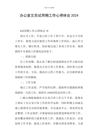 办公室文员试用期工作心得体会2024