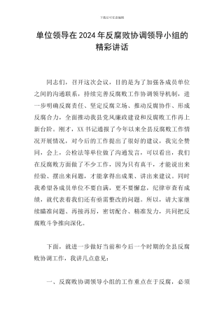 单位领导在2024年反腐败协调领导小组的精彩讲话