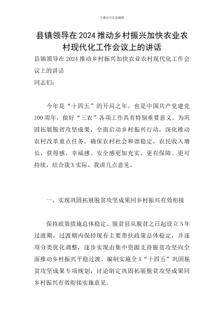 县镇领导在2024推进乡村振兴加快农业农村现代化工作会议上的讲话