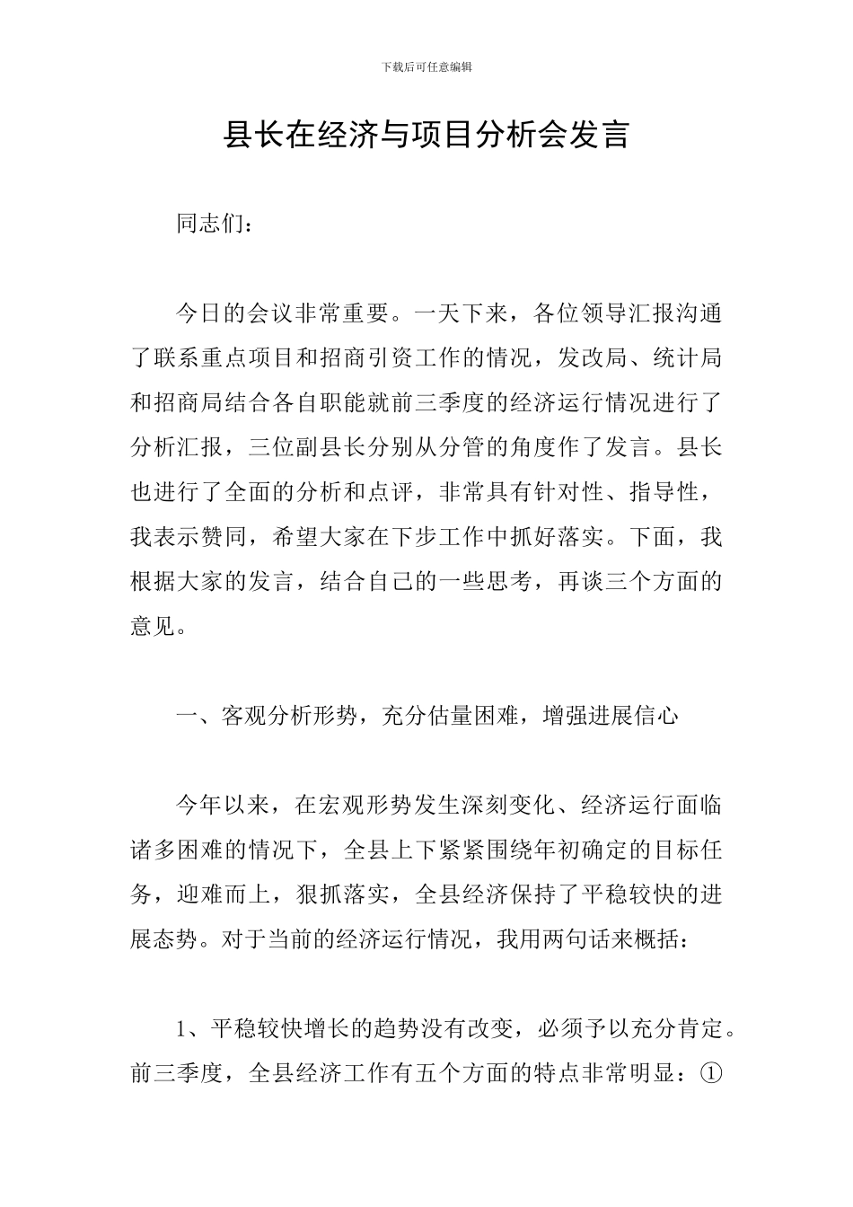 县长在经济与项目分析会发言_第1页