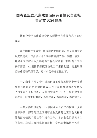 国有企业党风廉政建设回头看情况自查报告范文2024最新