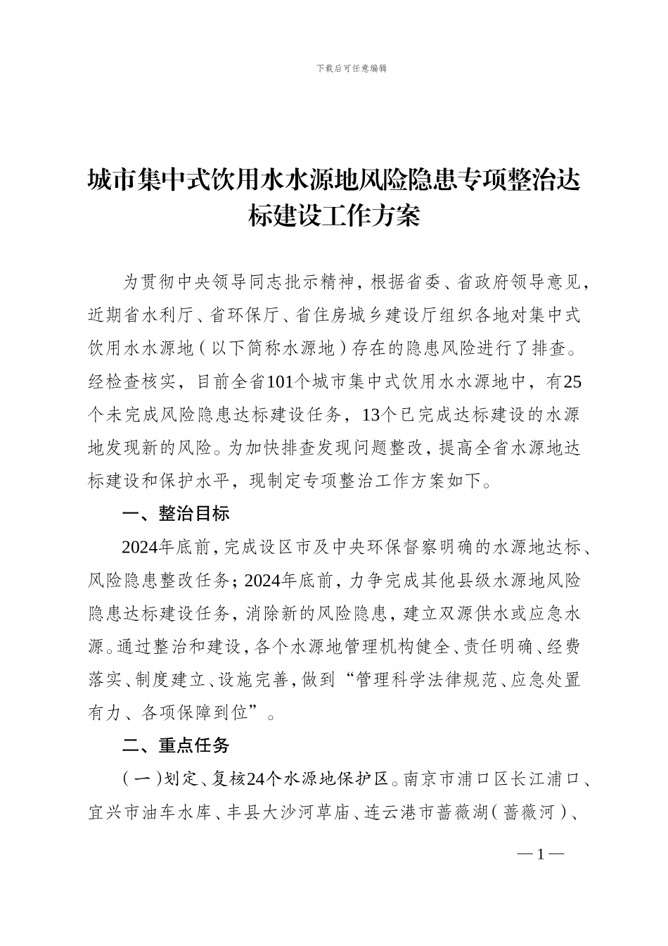 城市集中式饮用水水源地风险隐患专项整治达标建设工作方案_第1页