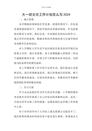 大一班主任工作计划怎么写2024