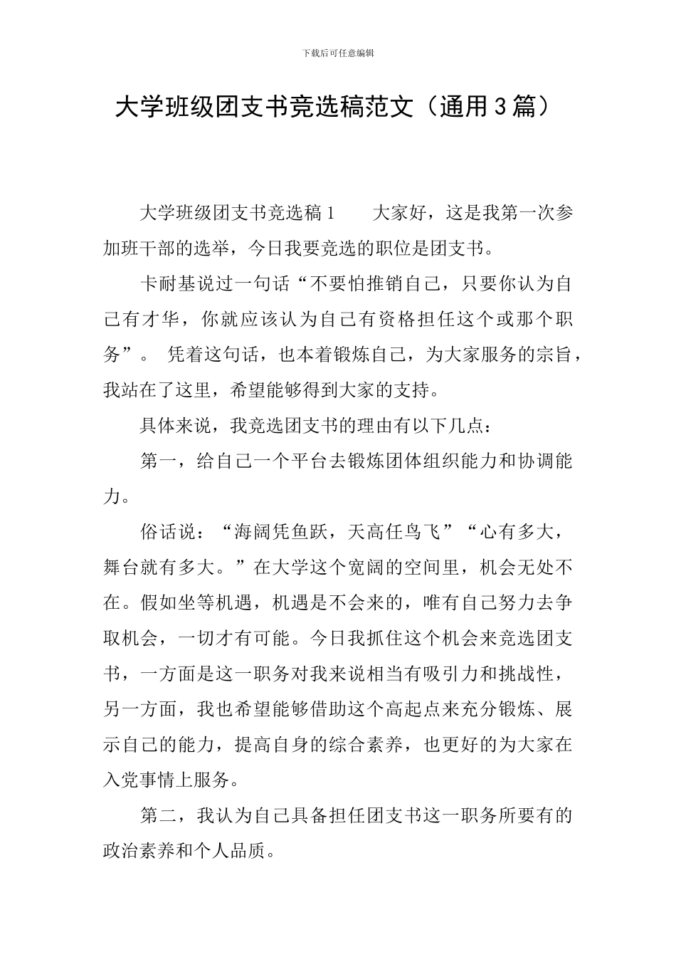 大学班级团支书竞选稿范文_第1页