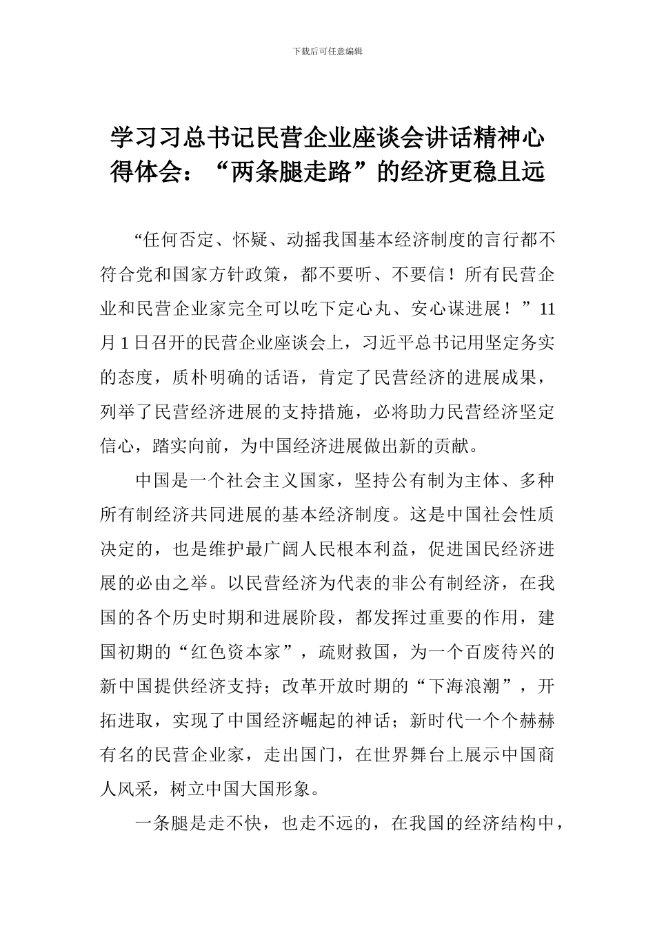 学习习总书记民营企业座谈会讲话精神心得体会：“两条腿走路”的经济更稳且远_第1页