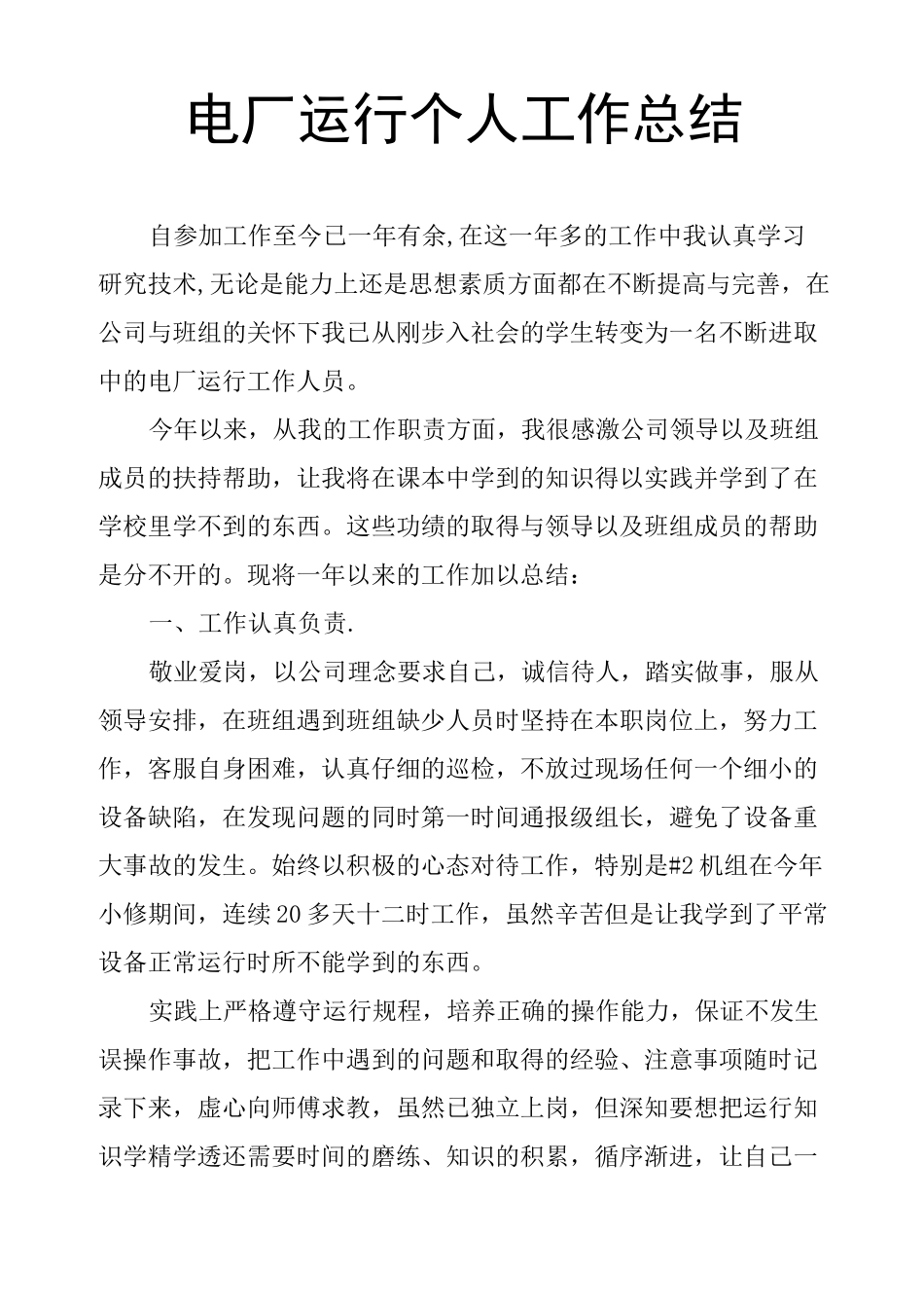 电厂运行个人工作总结_第1页