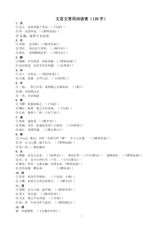 文言文常用词语表(138字)最新更新