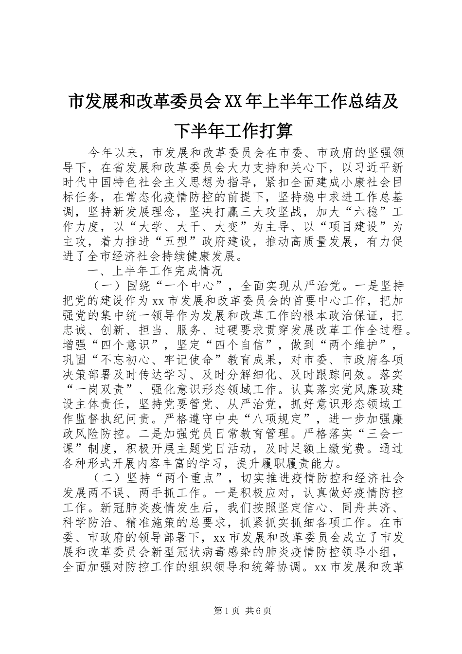 市发展和改革委员会XX年上半年工作总结及下半年工作打算 _第1页