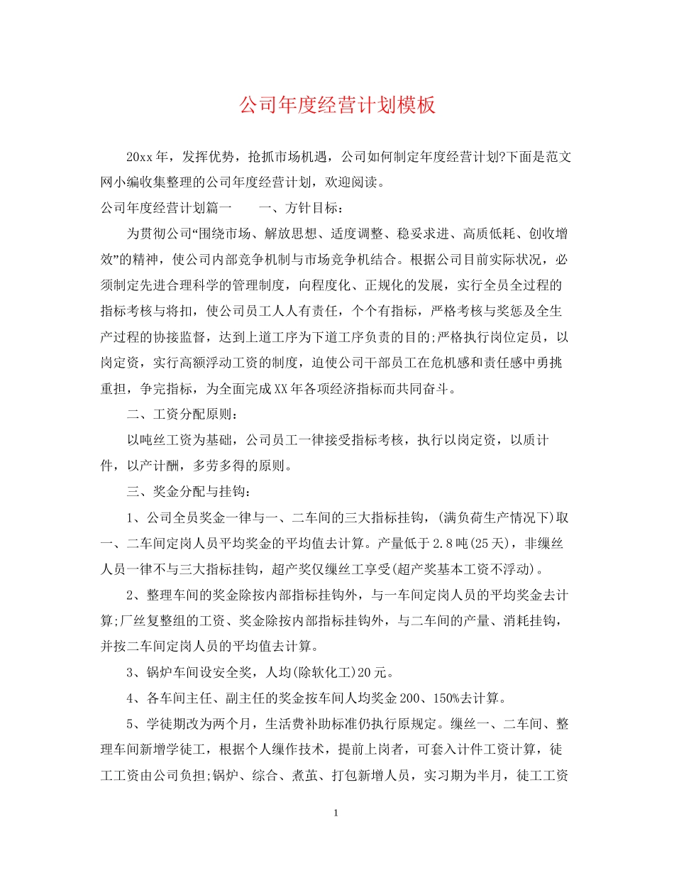 公司年度经营计划模板_第1页
