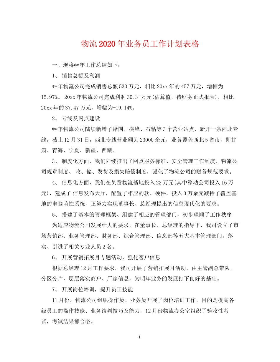 物流年业务员工作计划表格_第1页