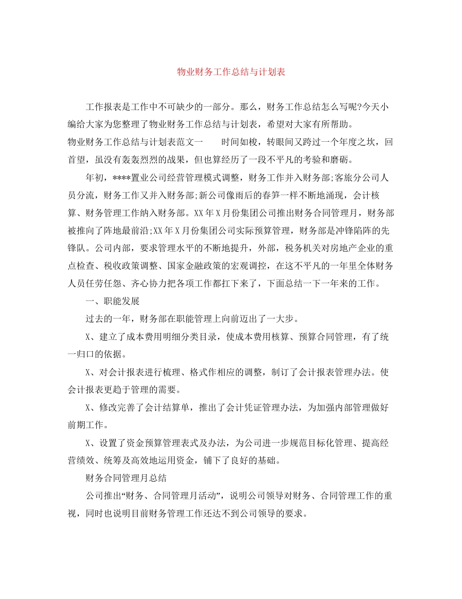 物业财务工作总结与计划表_第1页