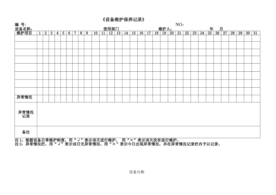各种设备维护保养记录表格_第1页