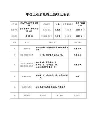单位(子单位)工程质量竣工验收记录表