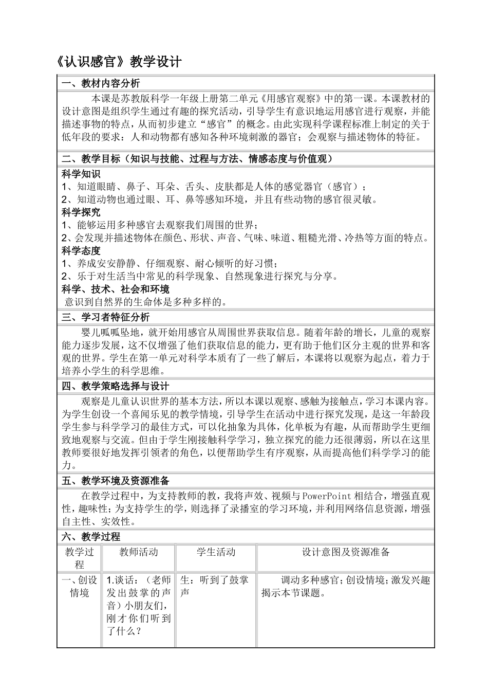 小学科学《认识感官》教学设计模板_第1页